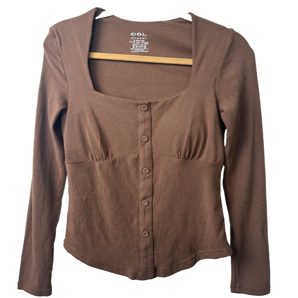 OGL Brown Long Sleeve Square Neck Button-Up Top